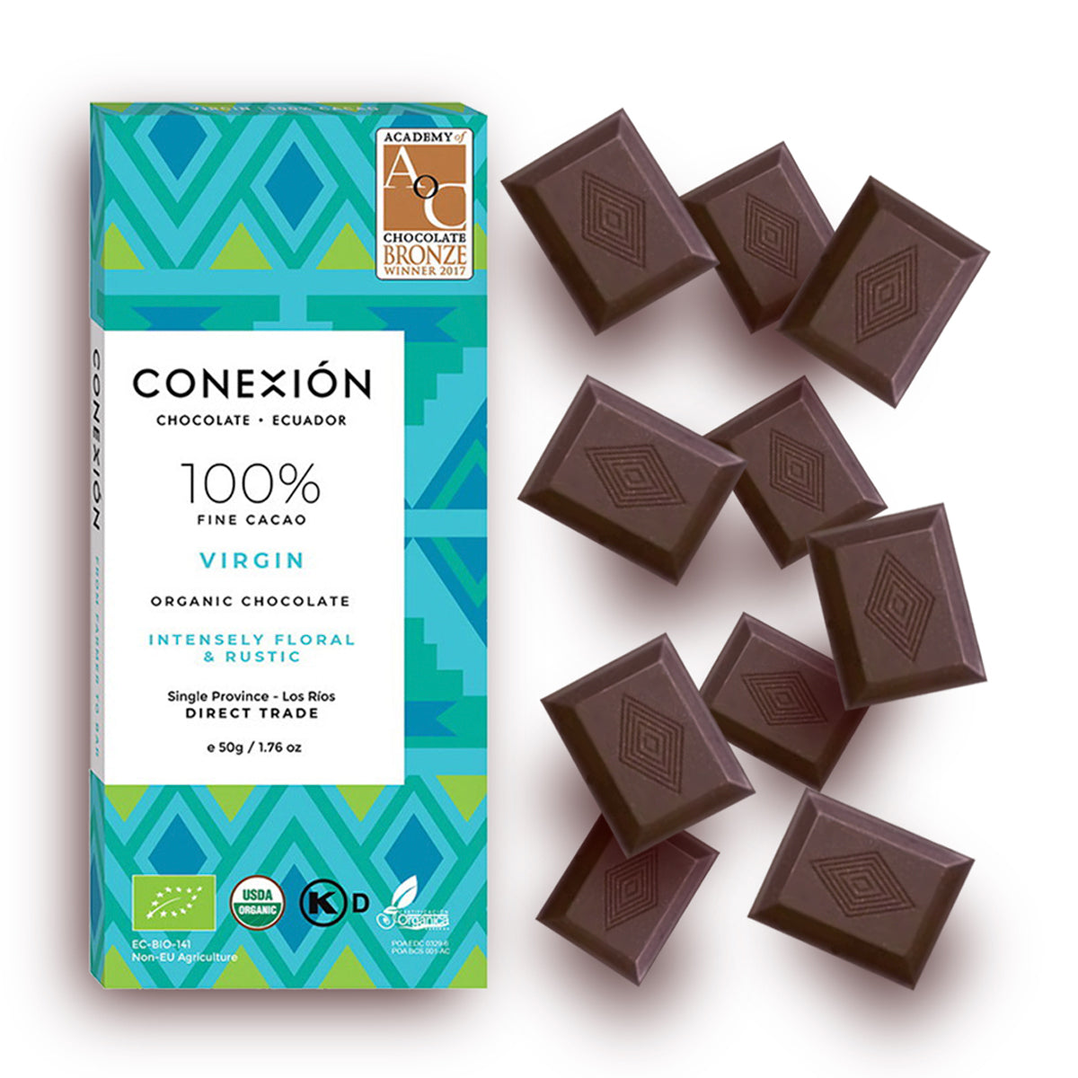 Conexion Chocolate, Virgin Flash Roast Collection | 4 Pack Organic Vegan Dark Chocolate Bar, Gluten Free, Soy Free, Non GMO, Kosher, Fair Trade | 1.76 oz Each Individually Wrapped - Everglobe Corporation