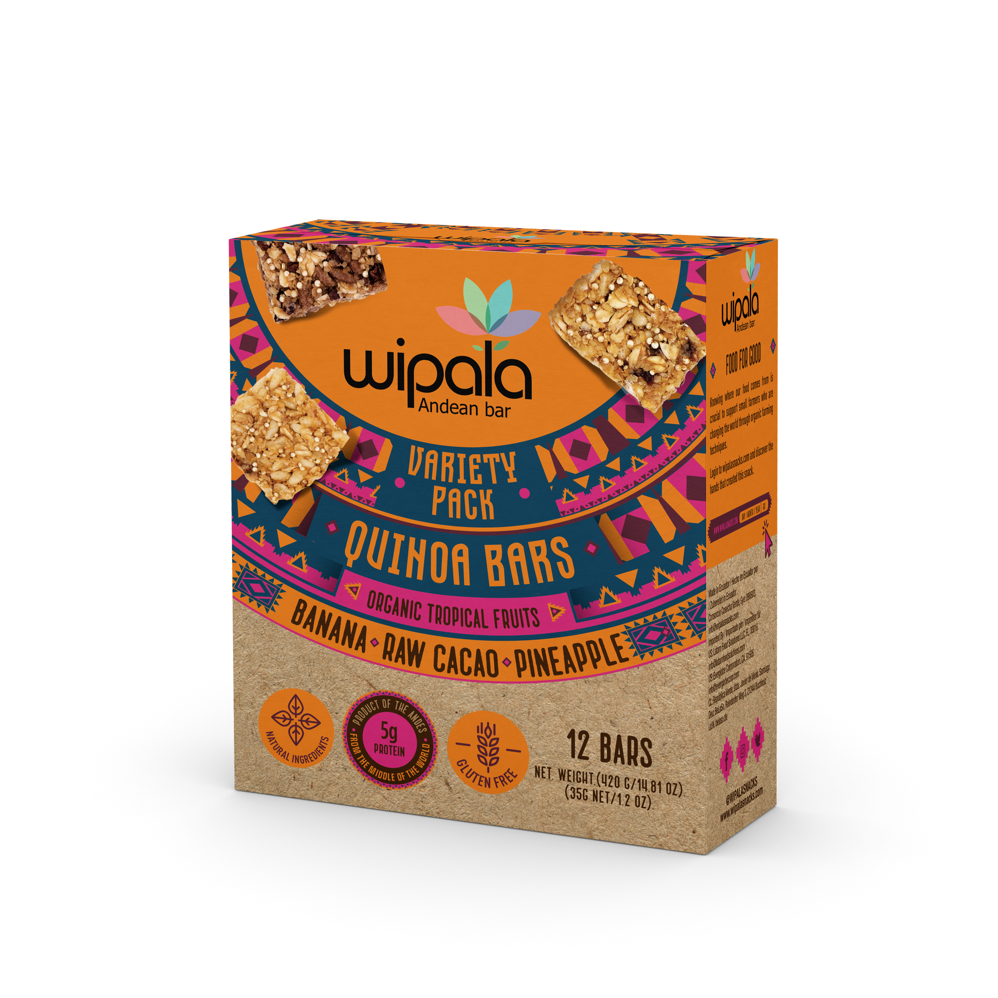 Wipala Andean Bar Variety Mix of Pineapple, Raw Cacao, Banana | Healthy Energy Bar with Organic Quinoa and Andean Lupin, Vegan, Gluten Free, and Non-GMO| 12 Pack